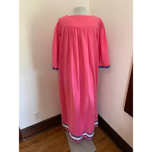 VTG 60 70 Maxi Dress Embellishments Pink Mumu House Dress Aztec Southwest Cotton - Picture 14 of 17
